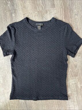House of Harlow Sheer Lace Black Textured Short Sleeve Fitted Shirt Sz medium